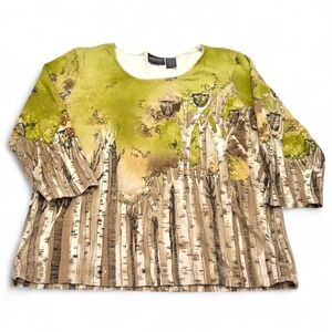 Chico's Additions Cotton 3/4 Sleeve Top Green Cream Brown Trees Owls Sz 2 (L/12)